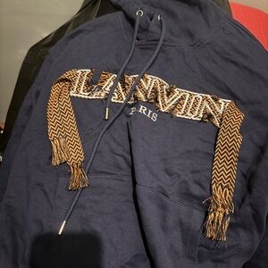 Lanvin Dark Blue Hoodie with Patterned Brown Details